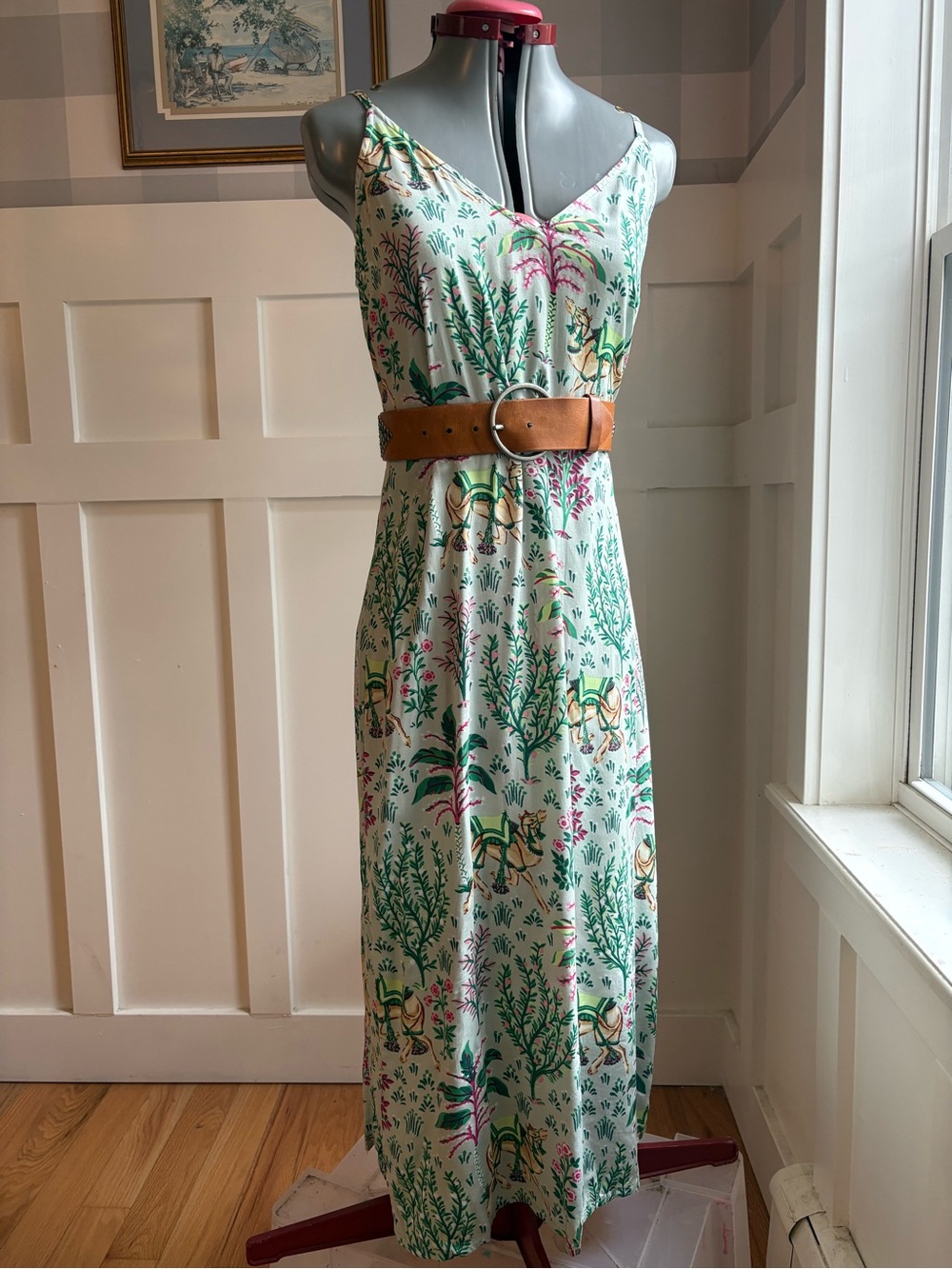 Printfresh Camel White Maxi Dress with Green and Pink Botanical Print XS